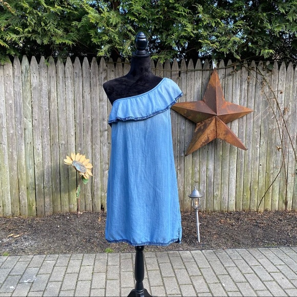 Anthropologie Cloth & Stone One Shoulder Ruffled Chambray Dress - Picture 5 of 8
